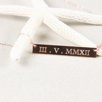 14K Rose Gold füllte Datum Name Bar Typenschild Halskette - Namensschild Wedding Date römische Zahl Datum Halskette