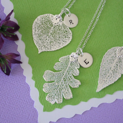 3 Silver Leaf Personalisierte Bridesmaids Ketten - Brautjunfer Geschenke - Echt Blatt - danken Ihnen Card - Anfängliche Schmuck - Sterling Silber Charm