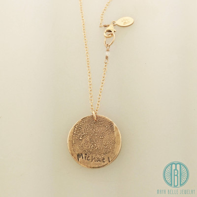 FINGERABDRUCK Bronze oval und 14k Gold gefüllt Halskette aus JPEG Fingerabdruck und Handschrift Bild. Familie Halskette in Bronze