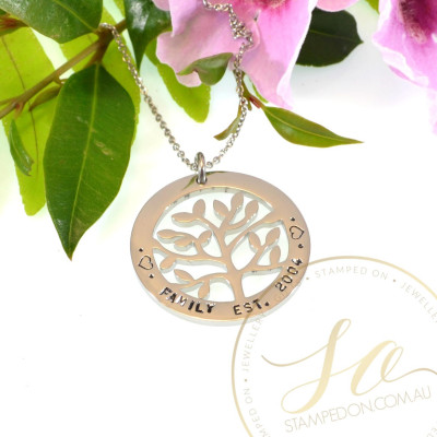 Family Tree Personalized Hand Stamped Anhänger Edelstahl Silber - Gold - Rose Gold
