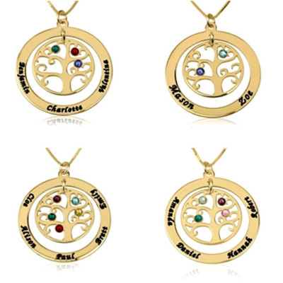 Gold Family Tree Halskette Charm Individuelle Gravur & Swarovski Geburtsstein Kristallkreis Namen Anhänger New Personalisierte Mütter Schmuck Geschenk