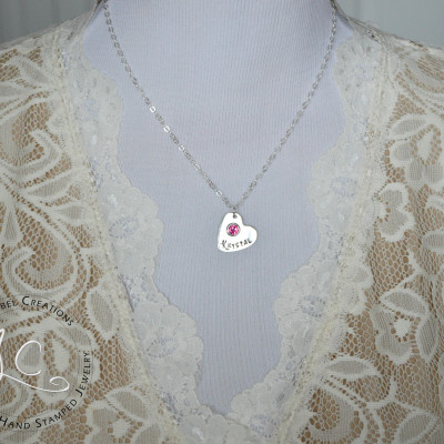 Hand Stamped Herz Halskette - personifizierte Herz Halskette mit Namen und Geburtsstein - Geburtsstein Halskette Sterling Silber Namenskette für Mamma