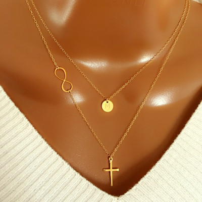 Layered Halskette - Layered Satz von zwei Halskette - Infinity Kreuz und Disc Halskette - personalisierte Geschenk - Weihnachtsgeschenk - Geschenk für Mama