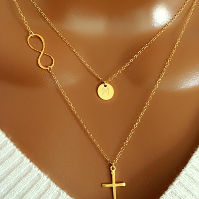 Layered Halskette - Layered Satz von zwei Halskette - Infinity Kreuz und Disc Halskette - personalisierte Geschenk - Weihnachtsgeschenk - Geschenk für Mama