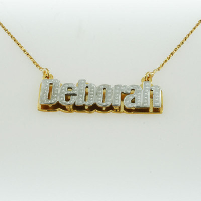 Typenschild Halskette - White & Yellow Gold überzogen - Silber - personalisierte Namen in Englisch Briefe - Block - doppelt überzogen - NN002A