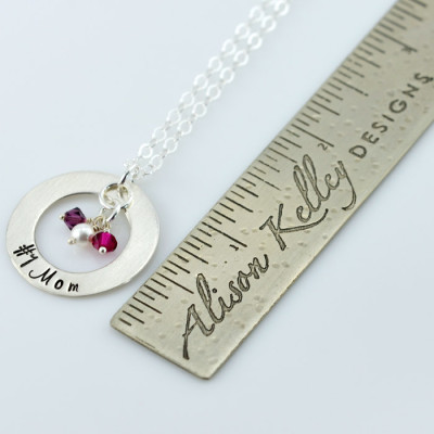 Nummer 1 der Großmutter Halskette 1" Hand Stamped Personalisierte Sterling Silber Donut - Swarovski Kristalle birthstone