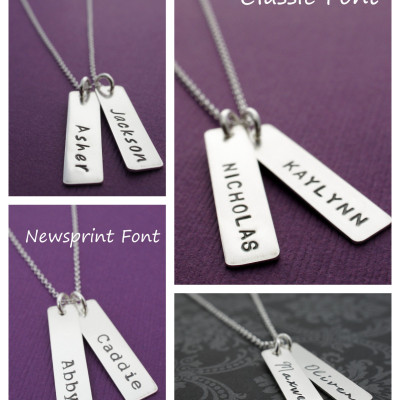 Personalisierte Baby Name Halskette DREI handgestempelt Namen Anhänger in Sterling Silber rechteckig Bar Halskette Geschenke für Mutter oder Großmutter