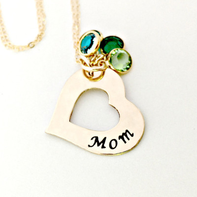 Personalisierte Mom Schmuck Gewohnheit 14K Gold füllte Open Heart Washer Halskette mit Birthstone Crystals Mutter - Ehefrau - Nana - Geschenk für sie