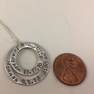 Personalisierte Mom Halskette Sterling Silber Kinder Namen - Geburtsdaten und Geburts Zeiten 2 Washer Discs