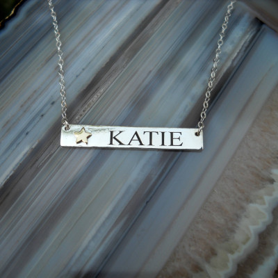 Personalisierte Namenskette Name Halskette Nameplate Halskette Sterling Silber und 14K Solid Gold Monogramm Initialen Gravierte Bar