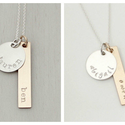 Personalisierte Namenskette Zwei Hand Stamped Namen Anhänger in Mixed Metals Mutter Halskette Silber Namenskette Gold Namenskette