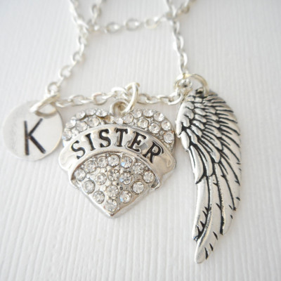 Schwester - Engel Wing Initial Halskette großes sis - kleine Schwester - Schwestern Schmuck und Geschenke - Halskette für Schwestern - besondere Schwester - Mädchen Geschenk
