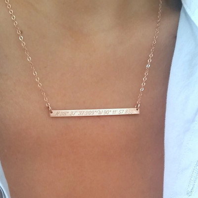 Dünne Rose Gold Koordinaten Halskette Breite Länge Bar Halskette GPS Halskette dünn Bar Halskette kundenspezifische gravierte Halskette