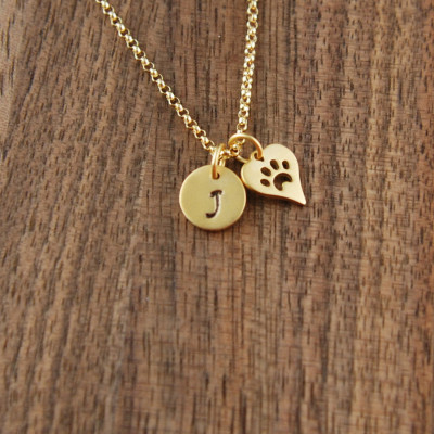 Kleiner Goldvermeil Anfangs und herzförmige paw print Charme und Gold gefüllt Halskette - Katze Tatze - Hundetatze - Katze Schmuck - Hundeschmuck