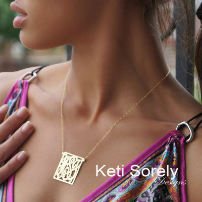14K Gold füllte Rechteck Monogramm Halskette geometrische Form Initialen Halskette (Bestellen Sie Ihre Initialen) Gelbgold oder Roségold