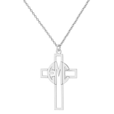 Nach Maße 3 Initialen Kreis Monogramm Kreuz Anhänger Halskette in Sterlingsilber 925 Monogramm Halskette Halskette Typenschild