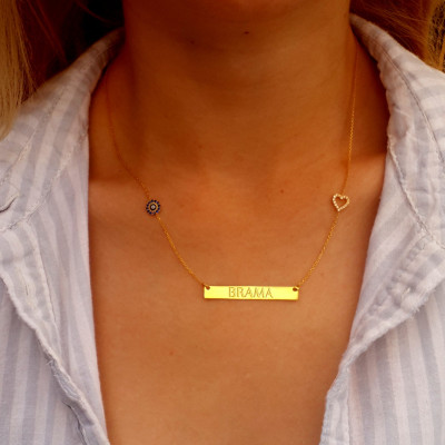 Customized Name Bar Halskette mit Herzen und schlechte Augen - personalisierte Gold - Silber - Initial Bar Halskette - Silber - Rose oder Gold Name Bar