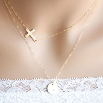 Doppelstrang Halskette Gold füllte oder Sterling Silber - personalisierte Monogramme Initial Plattenschicht seitlich Kreuz Halskette - Opulente Halskette