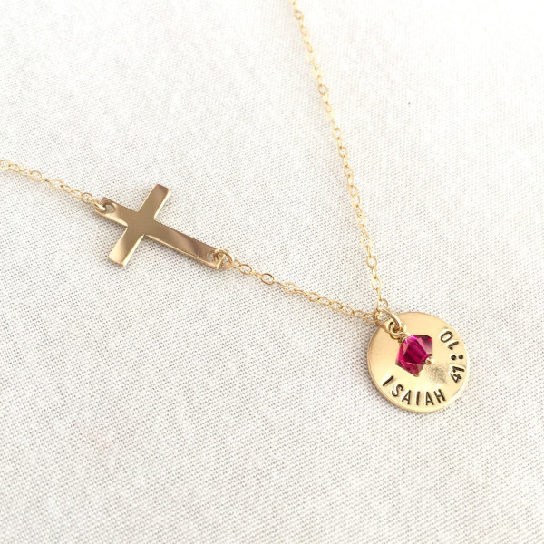 Gold füllte Bibel Vers Halskette - Sideway Kreuz - Taufe Halskette - Konfirmation Halskette - Kleines Mädchen - Hand Stamped - Geschenk Taufe