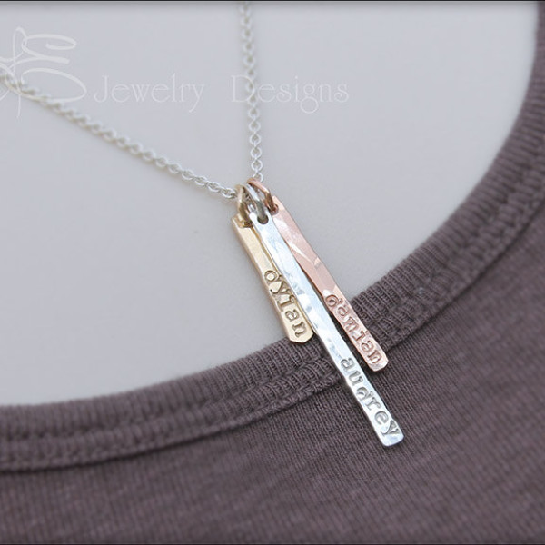 Hand Stamped Bar Halskette Gold - Silber - Rotgold vertikale Balken - dünn bar Halskette - Mutter Halskette - Mischmetall