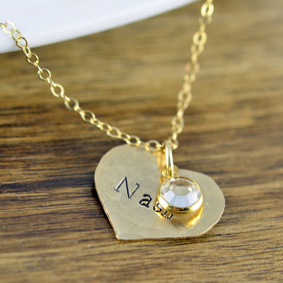 Hand Stamped Herz Halskette Geburtsstein Schmuck Personalisierte Stamped Halskette Gold Namenskette Kinder Die Namen Valentines Geschenk 