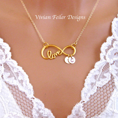 Infinity Halskette LIEBES Script Großer 24K GOLD Anfängliche Personalisierte Schmuck Valentinstag Geschenk Ehemann Ehefrau Muttertag C