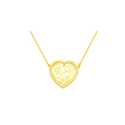 Mono204 Gelb vergoldet (27x28mm) Sterling Silber 50 Swarovski Zirkonia Herz Monogramm Halskette w 