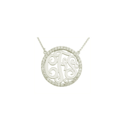 Mono83 Rhodium plattiert 29mm Sterling Silber w 50 Swarovski Zirkonia Monogramm Halskette