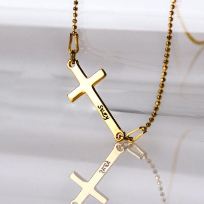 Personalisierte Gravur Side Kreuz Halskette in 18K Gold in Sterling Silber 0 - 925