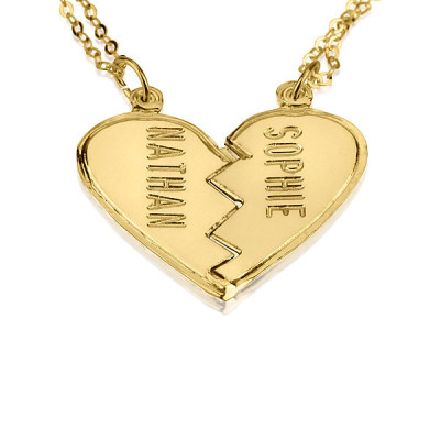 Personalisierte Gold Defekt Herz Halskette - Paare 18k Gold überzogenes Gravierte Halskette - Split Herz Charme Anhänger Halskette - 2 Namen Halskette