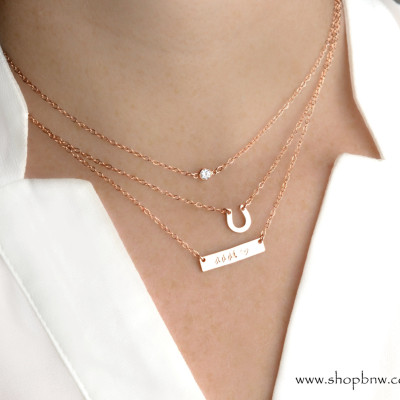 Personalisierte Minibar Halskette Set Gold - Silber - Rose Gold Namenskette handgestempelt Initiale CZ Halskette Hufeisen