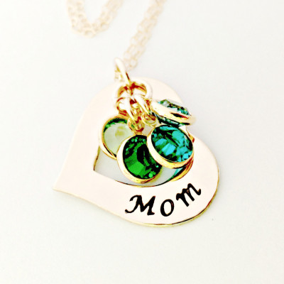 Personalisierte Mom Schmuck Gewohnheit 14K Gold füllte Open Heart Washer Halskette mit Birthstone Crystals Mutter - Ehefrau - Nana - Geschenk für sie