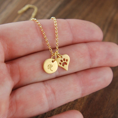 Kleiner Goldvermeil Anfangs und herzförmige paw print Charme und Gold gefüllt Halskette - Katze Tatze - Hundetatze - Katze Schmuck - Hundeschmuck