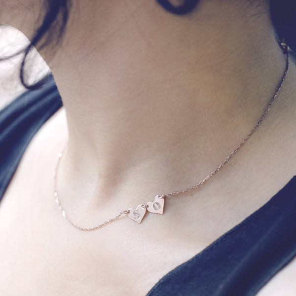 Zwei Initialen Halskette | Sideways Herz Anfangshalskette | Silber Herz | Reales Gold Personalisierte Brief Halskette | Tiny Herz Halskette