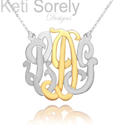 Zwei Ton Monogramm Halskette mit Gold & Silber Kombination Kleine bis große Größen Gelb oder Rose Gold Overlay