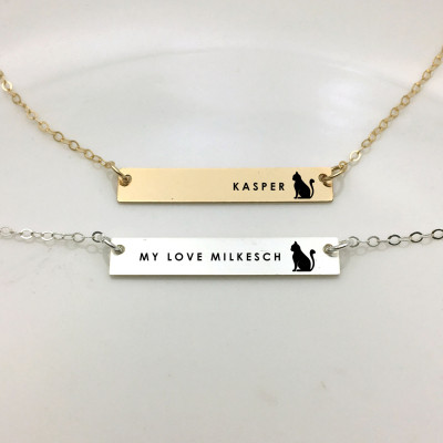Katze eingraviert Goldfilled Sterlingsilber Bar Halskette Personalisierte ID Name besonders angefertigt Textnachricht Halskette Katzenliebhaber Tierliebhaber