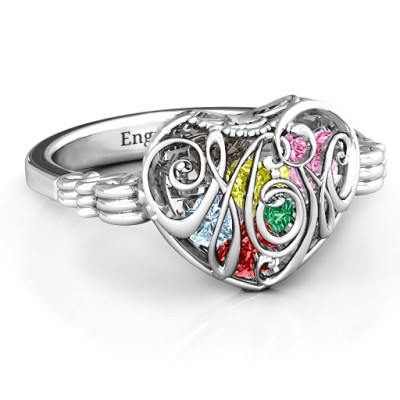 Cursive Mom Caged Herz Ring mit Butterfly Wings Band