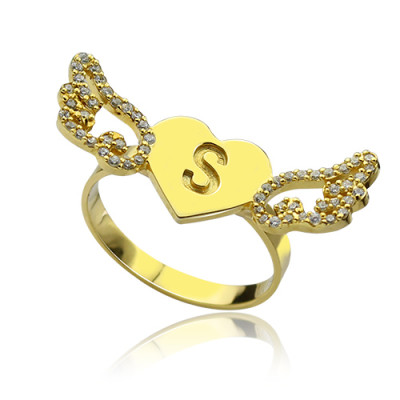 Angel Wings Herz Ring mit BirthstoneInitial 18 karätigem Gold überzogen
