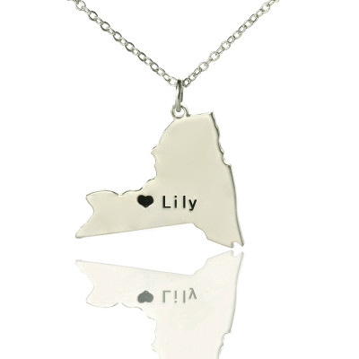 personalisierte NY State Shaped Halsketten mit HeartName Silber