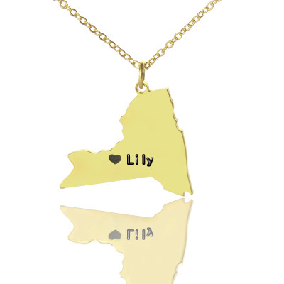 personalisierte NY State geformte Halskette mit HeartName Gold überzogen