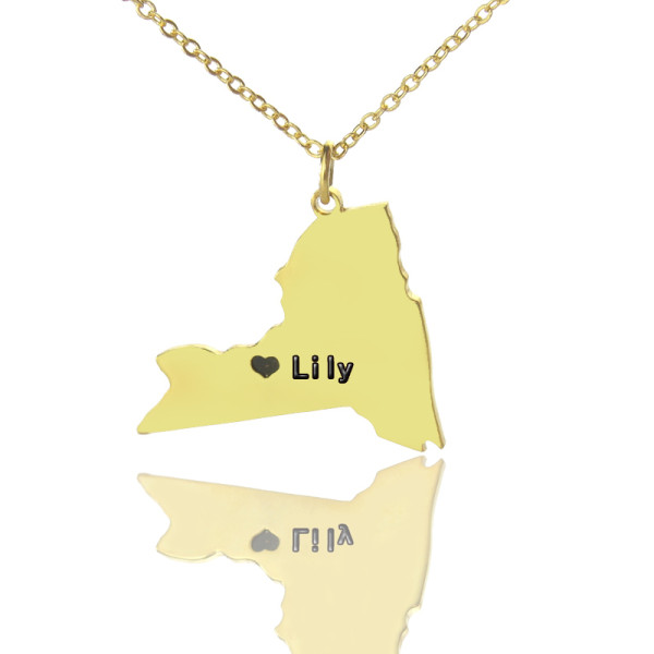 personalisierte NY State geformte Halskette mit HeartName Gold überzogen