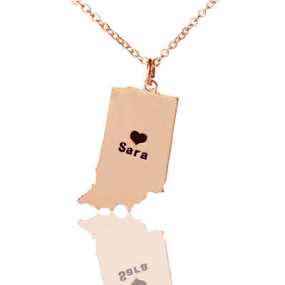 Benutzerdefinierte Indiana State geformte Halskette mit HeartName Rose Gold