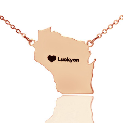 Individuelle Wisconsin State geformte Halskette mit HeartName Rose Gold
