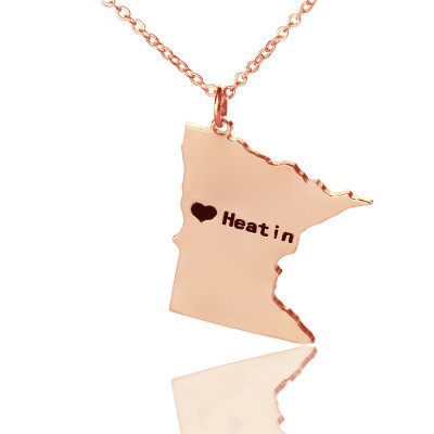 Benutzerdefinierte Minnesota State geformte Halskette mit HeartName Rose Gold