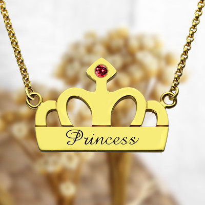 Princess Crown Charme Halskette mit BirthstoneName 18 karätigem Gold überzogen