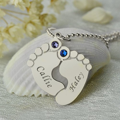 Personalzied Baby Feet Namenskette mit Silber Birthstone