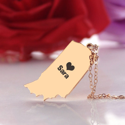 Benutzerdefinierte Indiana State geformte Halskette mit HeartName Rose Gold