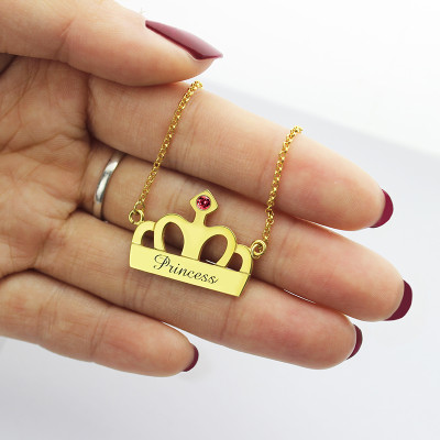 Princess Crown Charme Halskette mit BirthstoneName 18 karätigem Gold überzogen