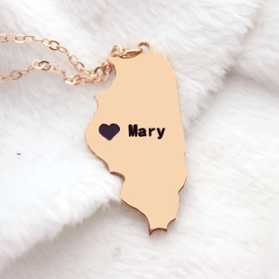 Benutzerdefinierte Illinois State geformte Halskette mit HeartName Rose Gold