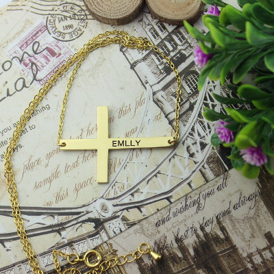 18ct Gold überzogenes Silber lateinisches Kreuz Halskette Gravierte Name 1 - 25"